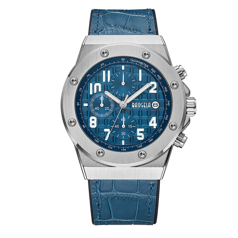 Baogelas mænds kronografkvarts ser 2022 Ny vandtæt sportsafsluttende Watch Man Leather Rem Clock 1805 Blue