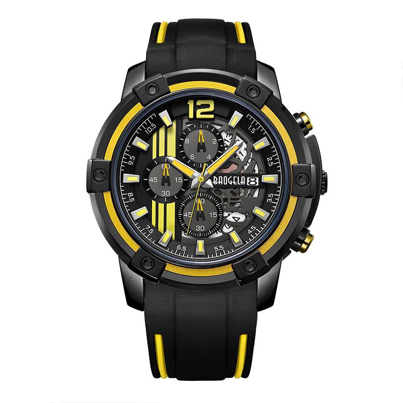 Baogel Men\'s Black Silicone Strap Quartz Watches Chronograph Sports armbåndsur til Man 3ATM Vandtæt lysende hænder gul 22701